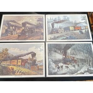 CURRIER & IVES Vintage Laminated Prints Of 1864 Lithograph  Trains Placemats Set